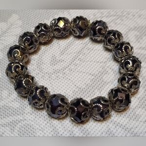 Delicate Elastic Black Crystal Bead Bracelet- 7.5 Inch